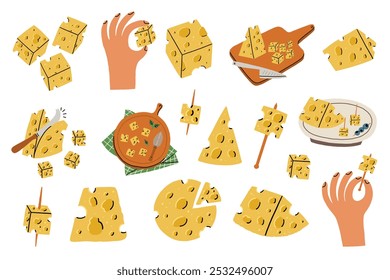 Colección de queso amarillo. Ilustración vectorial de comida con queso en estilo dibujado a mano sobre fondo aislado blanco