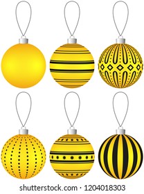 Collection of yellow Christmas balls with pattern hanging on a thread. Vector EPS 10