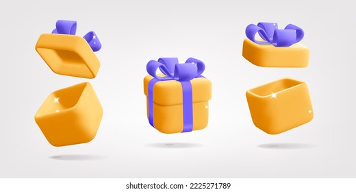 Collection of  yellow close and open gift box with purple ribbon bow icon 3d vector design. Plastic cartoon render modern holiday, celebration, anniversary greeting festive present surprise decoration