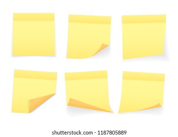 Collection of yellow colored sheets of note papers with curled corner and shadow, ready for your message. Realistic. Isolated on white background. Set. Vector illustration.