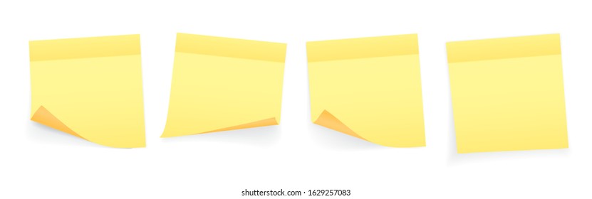 Collection of yellow colored sheets of note papers with curled corner and shadow, ready for your message. Realistic. Isolated on white background. Set. Vector illustration.