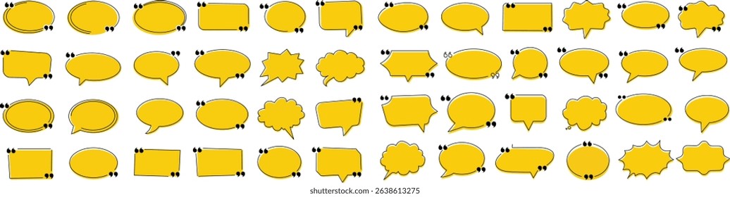 Collection of yellow comic-style speech bubble icons in various shapes including oval, rectangle, cloud, burst, and jagged edge designs. Ideal for pop art, retro comics, infographics. 