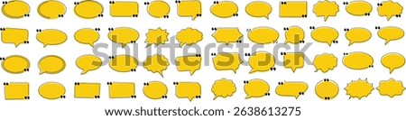 Collection of yellow comic-style speech bubble icons in various shapes including oval, rectangle, cloud, burst, and jagged edge designs. Ideal for pop art, retro comics, infographics. 