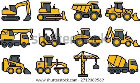 Collection of yellow construction vehicles and equipment icons on white background