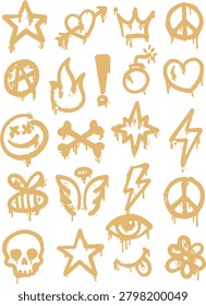 Collection of yellow dripping spray paint street art symbols including skull heart crown peace sign flame stars and urban graffiti design elements