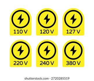 Colección de calcomanías de advertencia de voltaje eléctrico amarillo para salidas de alimentación de Industrial de 110V a 380V y paneles de circuitos - Vector de Profesional Imagen de stock