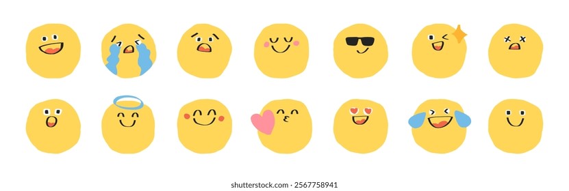 A collection of yellow emoji faces with various expressions: happy, sad, surprised, cool, and loving. Cute and playful emoji designs in a fun style. Hand drawn cute emoticon illustration set. Vectors.