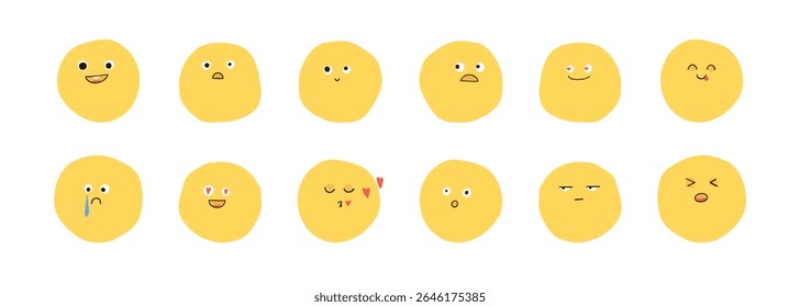 Collection of yellow emoji faces with various expressions: happy, sad, surprised, cool, and loving. Cute and playful emoji designs in a fun style. Hand drawn cute emoticon illustration set. Vector