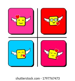 A collection of yellow emoticons with wings and a hearts logo