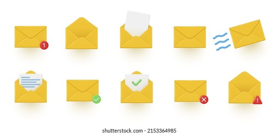 Collection yellow envelope notifications 3d icon realistic vector illustration. Set open and closed paper letters cyberspace alert incoming message, newsletter, send, receive, attention isolated