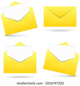 collection of yellow envelopes opened with empty white paper and shadow