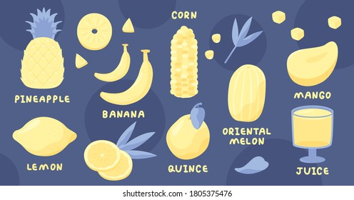 A collection of yellow fruits and vegetables. Pineapple, lemon, banana, corn, quince, melon, mango and juice.