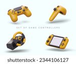 Collection of yellow game controllers. Different types of joysticks. Gadgets for video games with simulation, virtual reality. Button game consoles. Isolated vector image