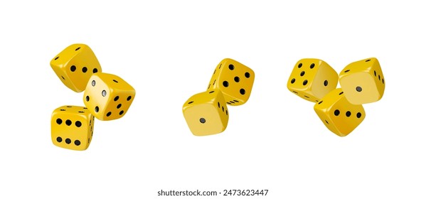 A collection of yellow game cubes grouped together. Realistic vector 3D set of cubes with black dots, suitable for app design, web templates and gambling addiction concepts.