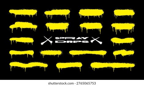 Collection Yellow Graffiti Spray Paint Drip Set on Black Background. Stencil aerosol clouds with splashes and dripping paint. Graffiti spray strips, empty templates for text. Vector street art set
