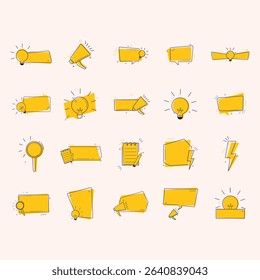 Collection of yellow graphic design elements, including lightbulbs, megaphones, speech bubbles, notepads, and magnifying glasses, with an abstract, modern, and minimal style.