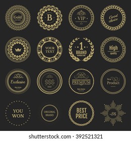 Collection yellow labels for promo seals. Vintage sticker with text. Can be used for design certificate. Quality stickers round. Vector retro objects