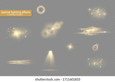 Collection yellow light effects on a transparent background. Spotlights, flare, explosion and stars. Laser beams, horizontal light rays. Sparkling yellow dust. Vector illustration, eps 10.