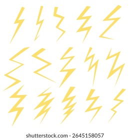 Collection of yellow lightning bolt icons isolated on white background in flat vector style, perfect for use in mobile apps, web design or educational materials. Thunderbolt energy symbol set