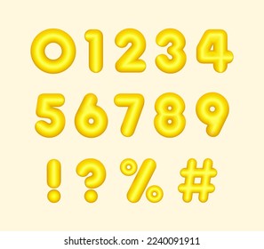 Collection Yellow Numbers from 0 to 9. Realistic 3d Design. vector illustration, 0, 1, 2, 3, 4, 5, 6, 7, 8, 9, ?, %, !, #