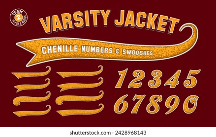 A collection of yellow numbers and swooshes on a maroon background, in the style of chenille fabric varsity letterman jacket patches svg