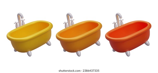 Colección con baño amarillo, naranja y rojo sobre fondo blanco. Higiene personal. 3 d concepto de baño, lavado y limpieza. Ilustración vectorial en estilo 3d
