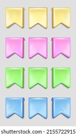 Collection of yellow, pink, green and blue 3d rendering glossy bookmarks. Three dimensional tags, labels, ribbons, flags in different positions with highlights and shadow. 