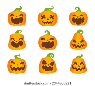 Collection of yellow pumpkins carved ghost faces for Halloween.