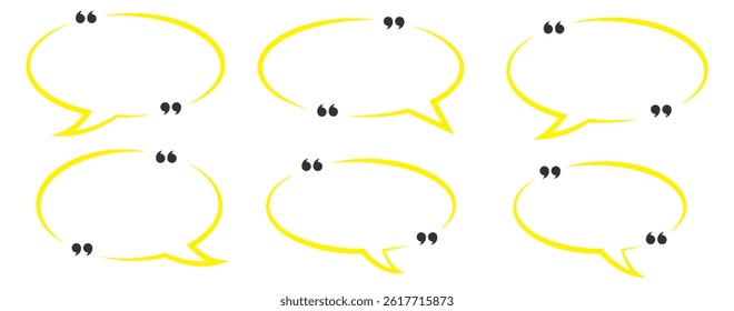 Collection of Yellow quote box frames and icons. Empty speech bubbles. Yellow Quote box frame set. Blank quote boxes for text. Yellow Quotation bubble. Yellow Quote text in speech bubble.