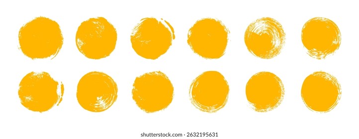 Collection of yellow rough brush strokes. Artistic chinese or japanese calligraphy blots. Hand drawn texture grunge circles, round rough shapes. Vector seal and ink stamps. Yellow symbols of sun.