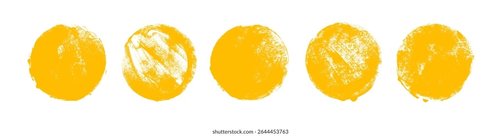 Collection of yellow rough brush strokes. Artistic chinese or japanese calligraphy blots. Hand drawn texture grunge circles, round rough shapes. Vector seal and ink stamps. Yellow symbols of sun.