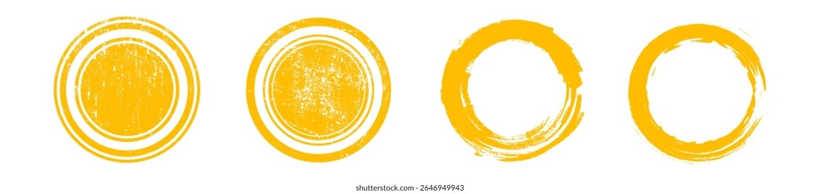Collection of yellow rough brush strokes. Artistic chinese or japanese calligraphy blots. Hand drawn texture grunge circles, round rough shapes. Vector seal and ink stamps. Yellow symbols of sun.