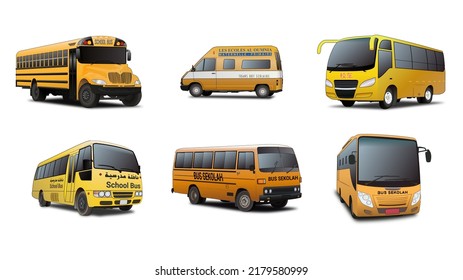 a collection of yellow school transport bus illustrations for school children. the text on the bus means school bus