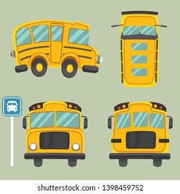 The collection of a yellow schoolbus. have front view and side view backview and top view of schoolbus in flat vector style. Graphic resource about schoolbus for graphic,content , banner.