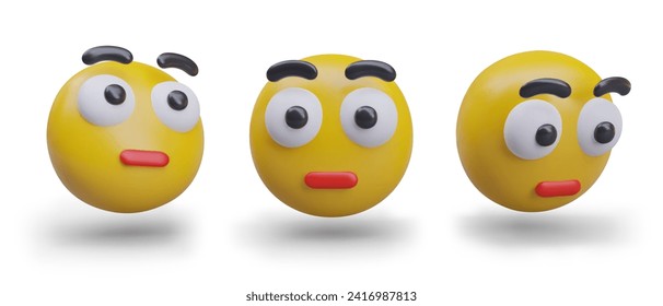 Collection with yellow smile with shock or fright emotion. Emoji in different positions. Cute emoji with wonder reaction. Vector illustration in 3d style with shadow