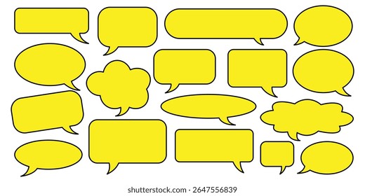 Collection of yellow speech bubbles of various shapes isolated on white background