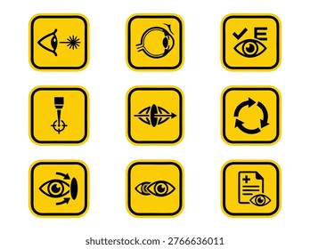 Collection of yellow square icons representing eye care and vision health concepts.