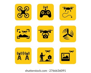 A collection of yellow square icons representing various aspects of drone technology and usage.