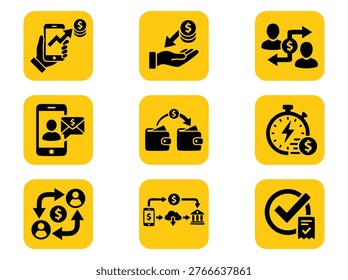 Collection of yellow square icons representing financial transactions and digital payments.