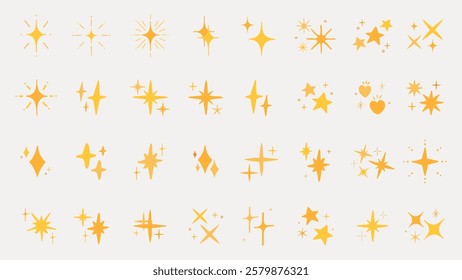 Collection of yellow star icons. Stars in various shapes, star clusters, and star designs. Yellow stars, shining stars, and decorative star patterns. Element vector set.