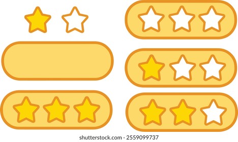 A collection of yellow star rating icons in various styles, including single stars, groups of stars, and star buttons on orange backgrounds