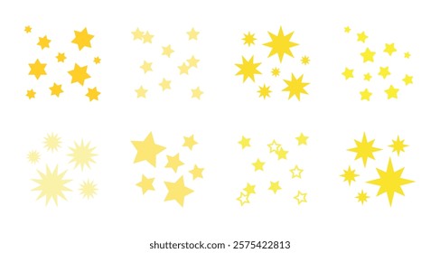 A collection of yellow star shapes in various sizes and patterns. Stars are arranged in clusters, with different star designs and shades of yellow. Sparkles element vector set.