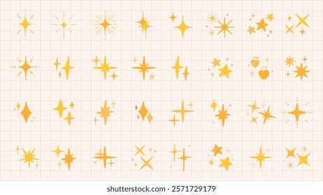 A collection of yellow star and sparkle icons on a grid background. Stars and sparkles in various shapes and sizes. Bright yellow stars and sparkles. Element vector set.