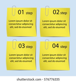 Collection yellow stickers, ready for your message. Vector illustration. Front view. Top view. Close up. Set
