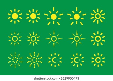 Collection of Yellow Sun Icons on a Green Background.