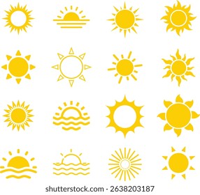A collection of yellow sun icons in various styles including flat, outline, sunrise, and sunburst designs. Ideal for weather apps, summer themes, nature graphics, and travel design. Fully editable.