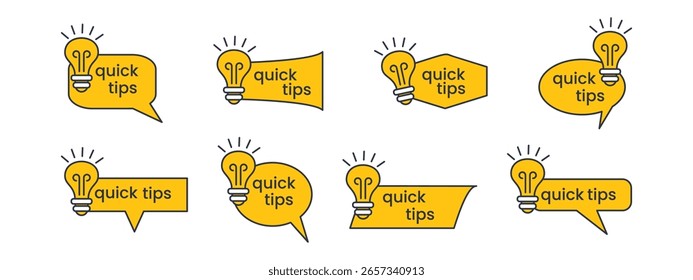 Colección de logotipos de punta amarilla con iconos de bombilla para consejos útiles, trucos de expertos, guías rápidas o sugerencias de blogs. Plantillas de Vector plano para compartir notas, ideas o información. 