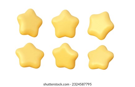 A collection of yellow toy stars in different angles. Isolated on a white background. 3d vector clipart