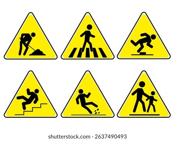 Collection of yellow triangle hazard warning signs with black icons. Simple and universal design, suitable for work safety or general information.