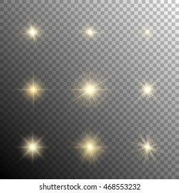 Collection of yellow warm light and glowing effects. Shining stars, sparkles, flares, flashes, etc. Vector illustration